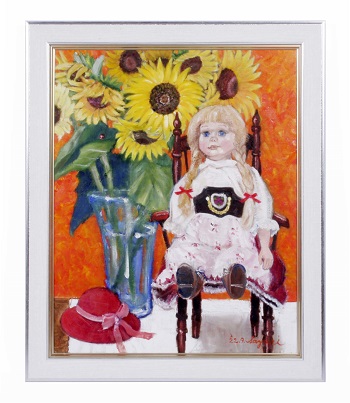 Doll＆flowers向日葵、絵画、油絵、美術品 - JAPAN EXPRESS